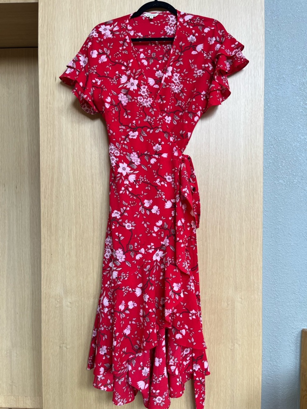 Max Studio Red Floral Wrap Midi Dress with Flutter Sleeves - Picture 3 of 5